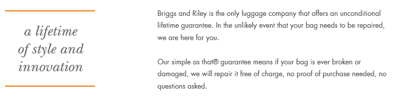 A screenshot of Briggs and Riley's lifetime guarantee, which adds perceived value and reduces perceived risk