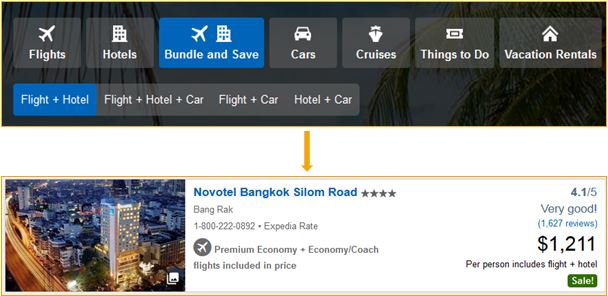 A screenshot of Expedia's "Bundle and Save" option and how the search result's copy reinforces what a great deal the bundled packages are