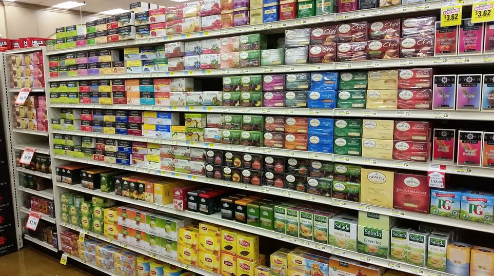 Photo of the tea aisle in a supermarket. Before you start exporting, make sure your packaging design and copy make you stand out.