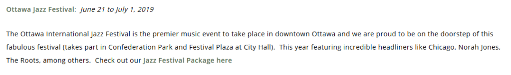 Screenshot of the Lord Elgin Hotel's "summertime in Ottawa" landing page.