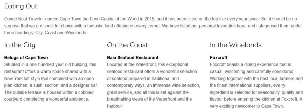 Screenshot of the Treehouse Boutique Hotel's "eating out" page.