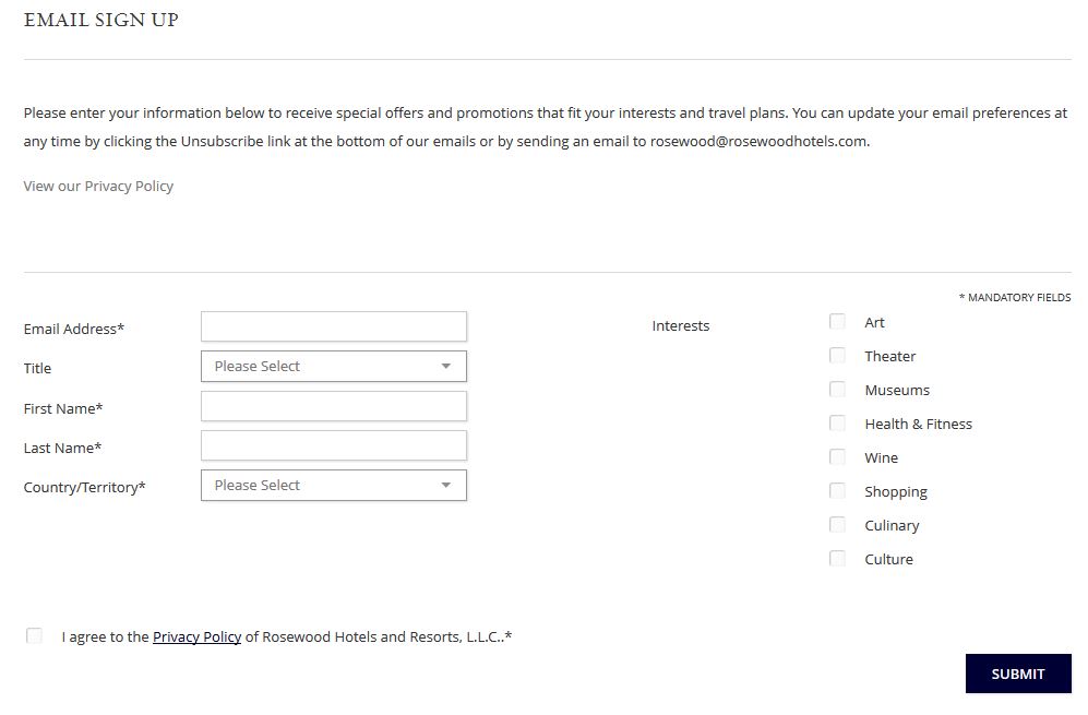 Screenshot of Rosewood Hotel's email sign up page, which gives subscribers the option to choose their interests.