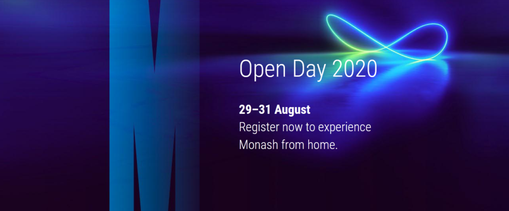 Monash University uses a hero image with "register now to experience Monash from home" call to action for its Open Day 2020 event