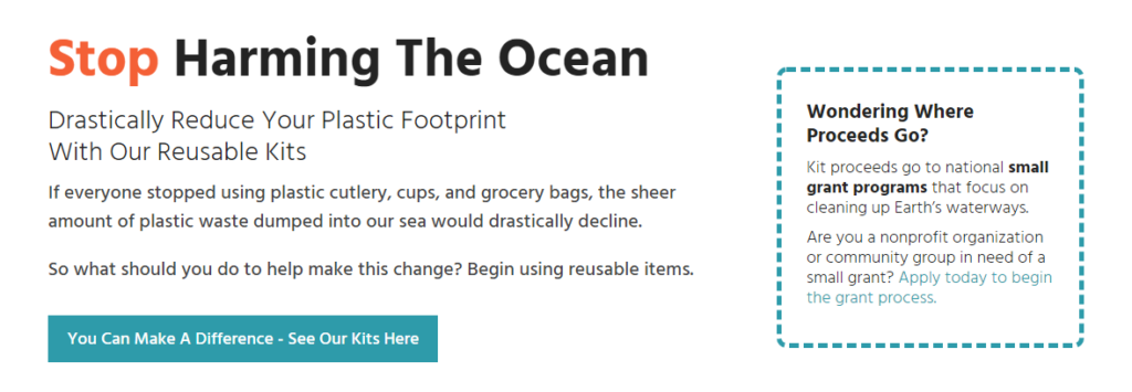 PlasticOcean's "You can make a difference - see our kits here" call to action isn't ambiguous