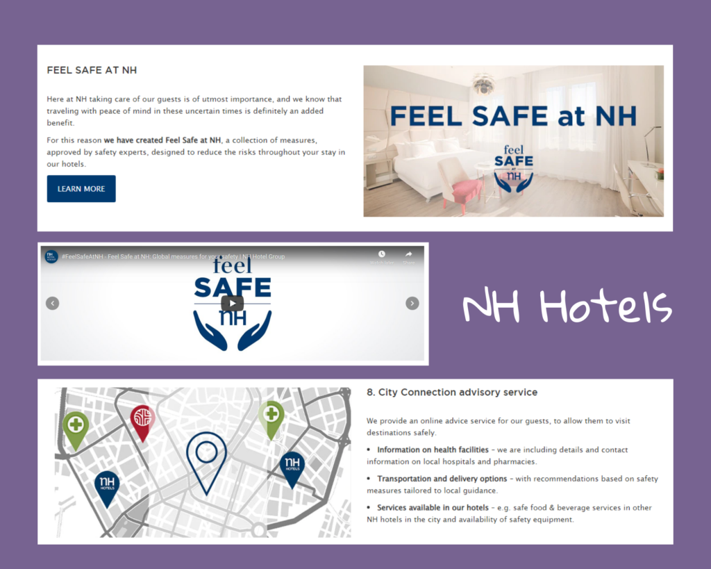 NH Hotels communicate their health and safety measures in written form, with video, and graphics.