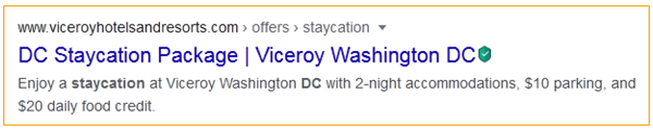 This customized meta description lets you know what to expect if you choose to click through to their staycation landing page