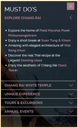 Examples of effective hotel copywriting: Break lengthy information down into bite-sized copy according to areas of interest.