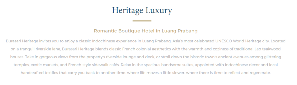 A great hotel 'about us' doesn't forget to use keywords, like "luxury", "boutique hotel" and "Luang Prabang"